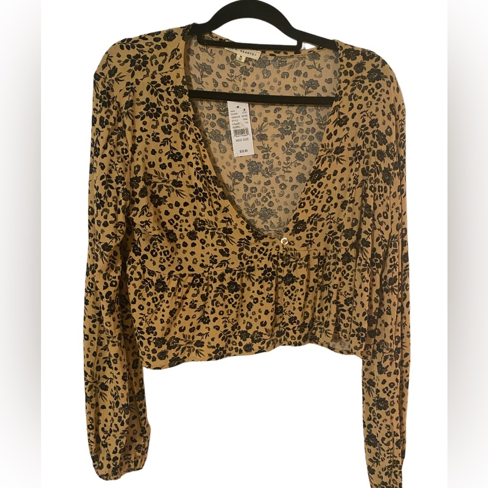 PacSun LA Hearts Mustard and Black Leopard Floral Print Crop Blouse
